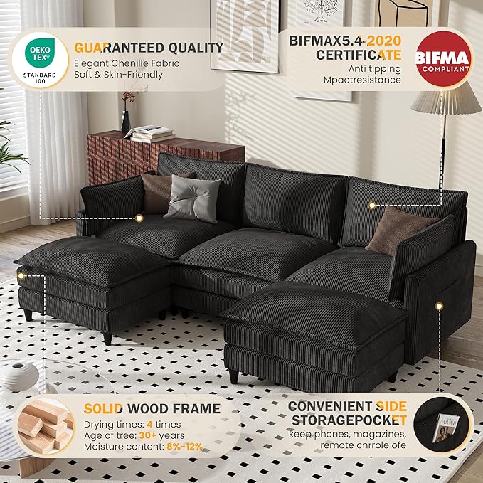 Apicizon 108" Cloud Couch Sectional, 3-Seat Deep Cloud Sofa with Ottoman, Modern U Shape Sectional Sofa Corduroy for Living Room, Apartment, Office, Black