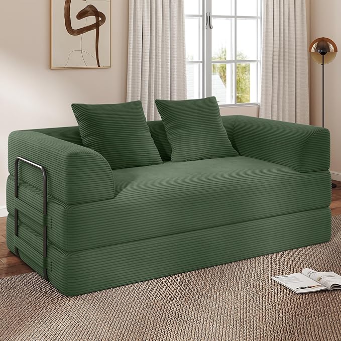 Cloud Boneless Convertible Floor Sofa Bed, 70" 4-in-1 Foldable Compressed Loveseat Lounge Sleeper 2 Seater Couches, High-Density Sponge & Corduroy Fabric Futon Daybed for Living Room Bedroom(Green)