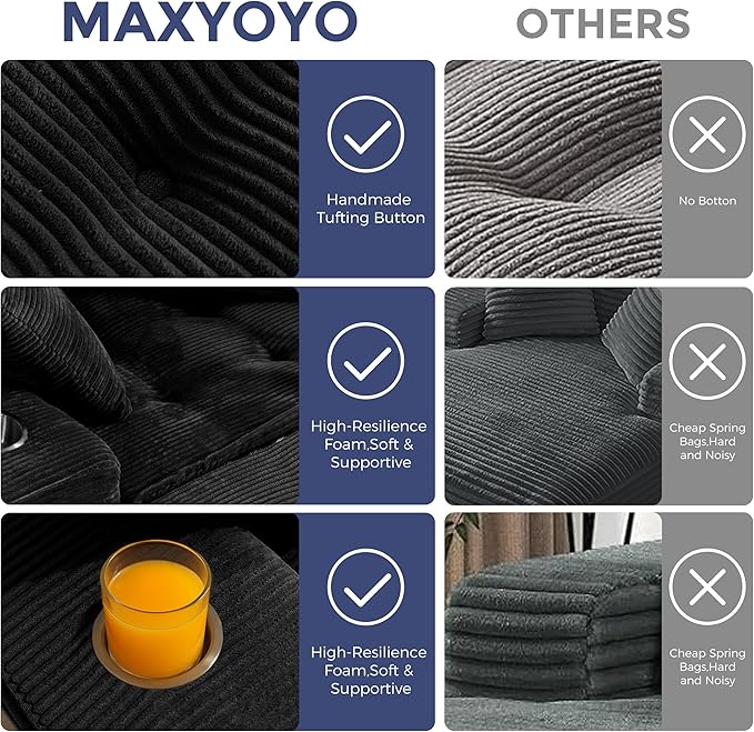 MAXYOYO Oversized Chaise Lounge Sofa, Upholstered Lounge Chair with 3 Pillows Indoor, Tufted Boneless Sofa Couch with Ottoman, Deep Seat Sleeper Chair for Living Room, Bedroom, No Assembly, Black