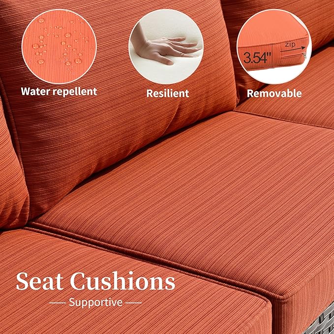 HOOOWOOO 11 Piece Patio Sectional Furniture Set with Fire Pit Table,Modern Wicker Outdoor Conversation Sofa Sets,Weather Resistant Modular L Shaped Outside Couch Swivel Chair Set(Orange Red)