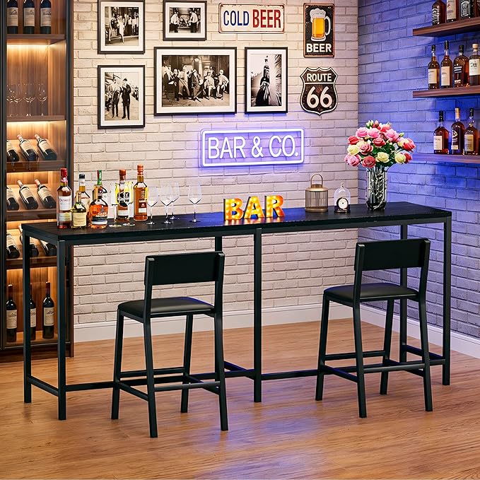Bar Table and Chairs Set, 3 Piece Convertible L-Shaped Kitchen Table with 2 PU Leather Bar Stools, 63‘’ Counter Height Small Dining Table with Power Outlets, Space Saving, Breakfast Nook Corner, Black