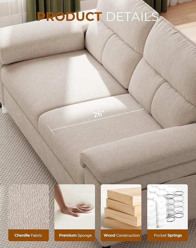 Upvilla 88.97" Modern Couches for Living Room, Deep Seat Sofa with 8”Cushion, Comfy 2-Seater Chenille Loveseat Sofa with Convertible Armrest, Removable Sofa Cover, High Leg (Beige)