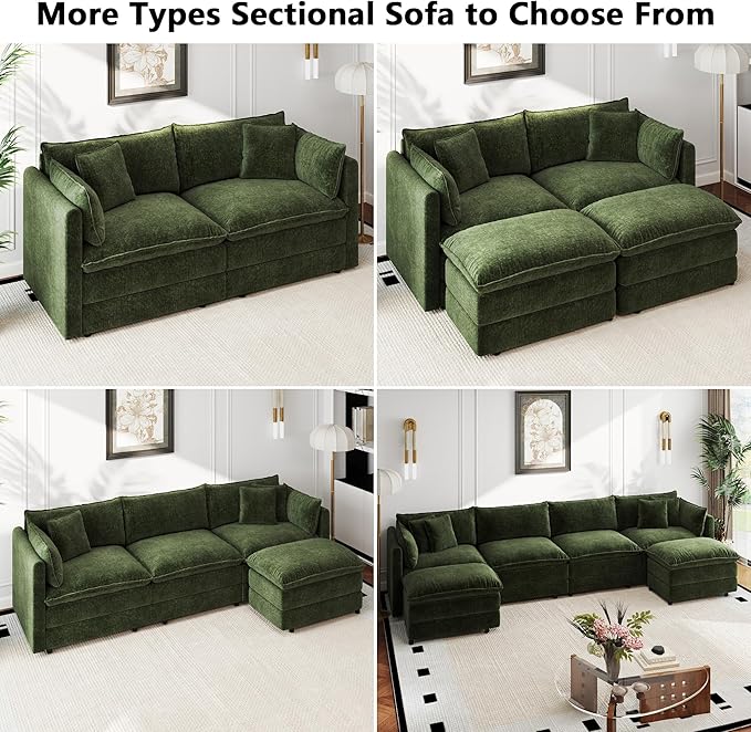 Aoowow Modular Sectional Sofa,112.2 Inch Deep 3-Seater Sofas Comfy Chenille Cloud Sofas and Couches with Pillows for Living Room Apartment（Green）