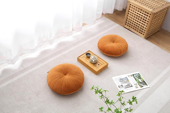 Floor Pillow Meditation Cushion Round Large Floor Pillows Seating for Adults, Velvet Thick Floor Cushions for Yoga Living Room Balcony Outdoor Tatami 18inch（Caramel）