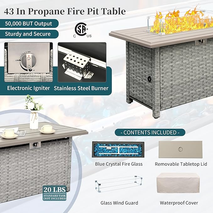 WAROOM Patio Furniture Set 6 Piece Grey Wicker Outdoor Sectional Sofa Balcony Furniture Couch PE Rattan Conversation Sets with Fire Pit Table, Peacock Blue Cushion