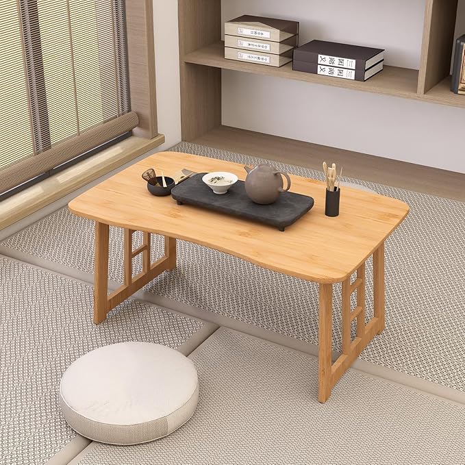 Japanese Bamboo Folding Floor Table for Sitting on Floor, Tatami Table Foldable, No Assembly, Low Tables for Small Spaces Living Room/Portable Zen Chabudai for Meditation - Light Brown