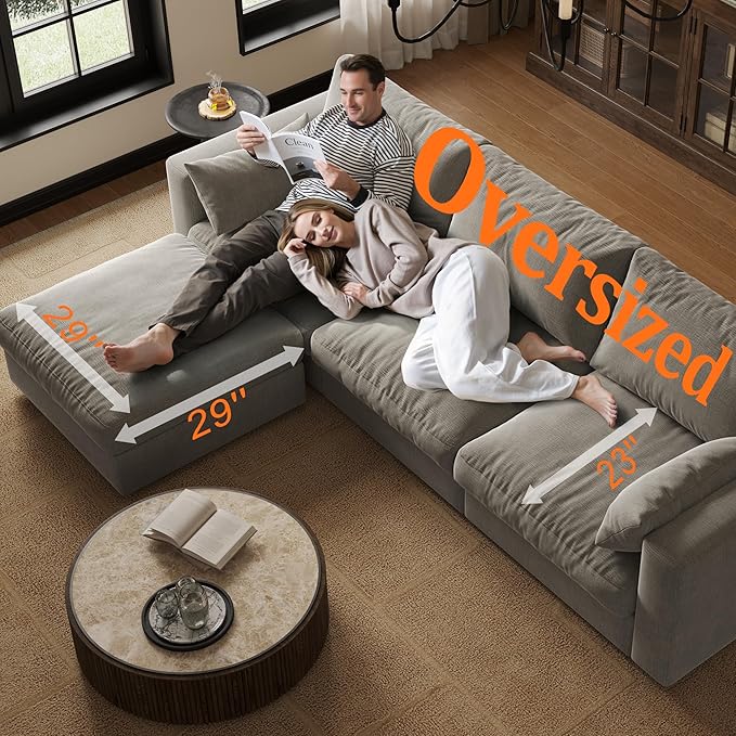Cloud Modular Sectional Sleeper Sofa with Storage Ottoman, 128" Oversized Sectional Couches for Living Room, Cloud Modular Sleeper Sofa with Chaise, 9 Seater, Chenille, Light Gray