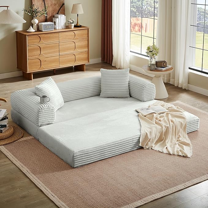 Chorlenimi Boneless Couch Futon Sofa Bed Sectional Couches for Living Room,Cloud Couch with Sleeper Sofa,Sofas for Living Room Oversized Corduroy Upholstered (Light Grey, 76 Inches (No Iron Frame))
