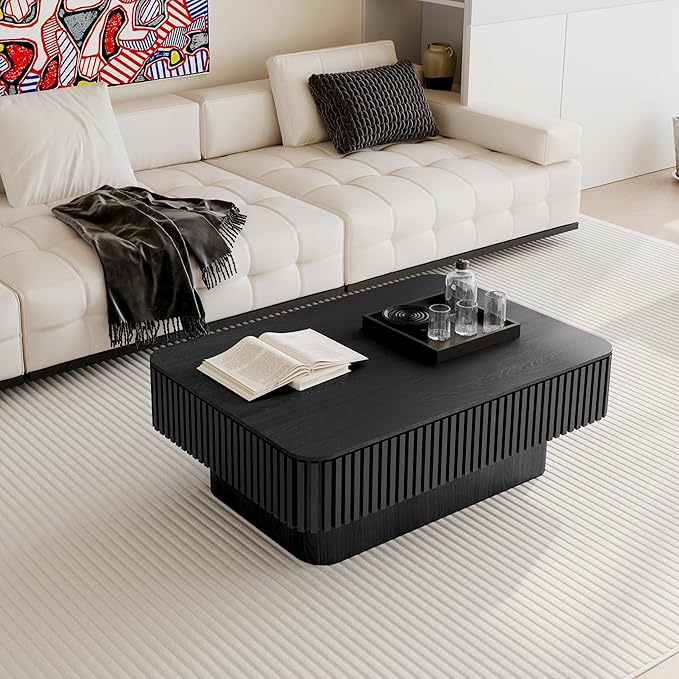 FGXJY Lift Top Coffee Table with Storage, Solid Wood Coffee Table with Adjustable Height, Fluted Center Table Accent Tea Table for Living Room, Apartment, Office (38.6" Black)