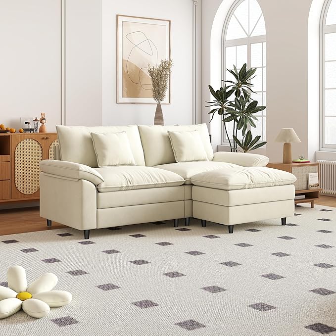 Aoowow Modular Sectional Sofa Modern Convertible Loveseat Couch,85 Inch Deep 2-Seater Sofas Comfy Chenille Cloud Sofas and Couches Set with Movable Ottoman for Living Room Apartment(Beige)