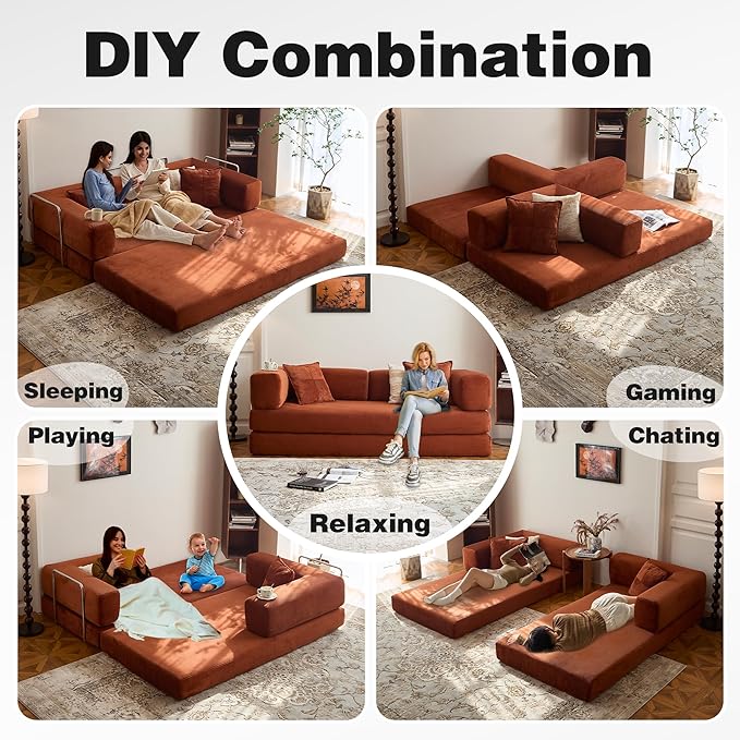 LIAROO 98.4" Convertible Sofa Bed - Compression Sofa with Corduroy Fabric - with Armrests and Backrest - Modular Sectional for Living Room, Bedroom, Studio - Compression Sofa in Box (Orange)