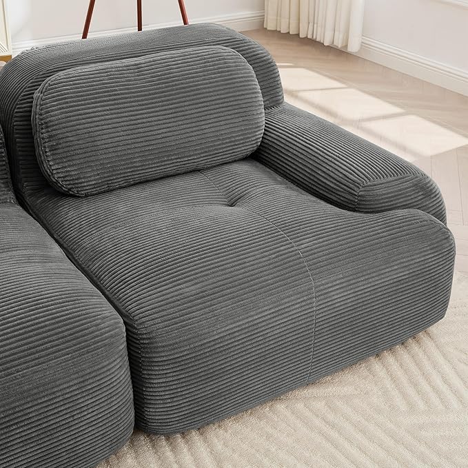 SoarFlash 117" Modern L-Shaped Modular Sectional Sofa for Living Room, Corduroy Upholstery Oversized 3-Seater Couch with Deep Seat and Movable Ottoman-No Assembly, Grey