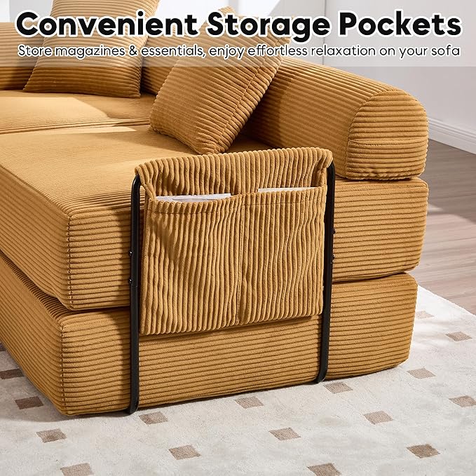 L Shape Convertible Sofa Bed with Cylindrical Pillow and Storage Pocket, Convertible Sofa Couch Bed with Support Frame for Living Room Bedroom Children Room-Yellow