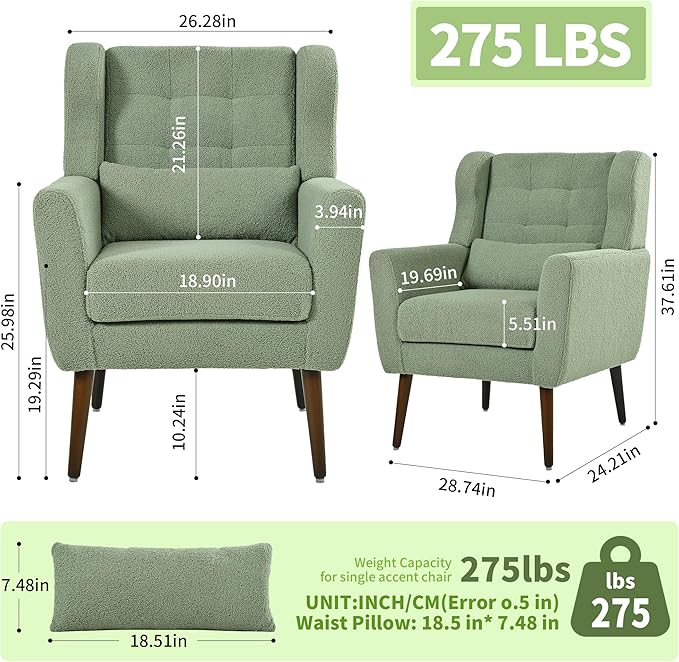 QKFF Modern Accent Chair, Upholstered Armchair with Pillow, Teddy Single Sofa Chair with Lounge Seat and Wood Legs Accent Chair for Living Room Bedroom Small Spaces