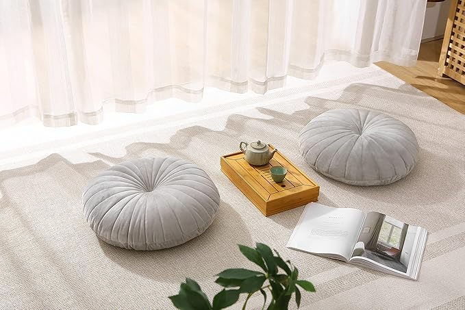 Floor Pillow Meditation Cushion Round Large Floor Pillows Seating for Adults, Velvet Thick Floor Cushions for Yoga Living Room Balcony Outdoor Tatami 18inch（Grey）