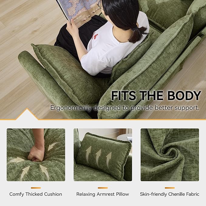 113'' V Shaped Cloud Sectional Sofa, Oversized Deep Seat Couches for Living Room, Chenille Comfy Upholstered Modular Sectional Sofa Couch with 2 Movable Ottoman, Green