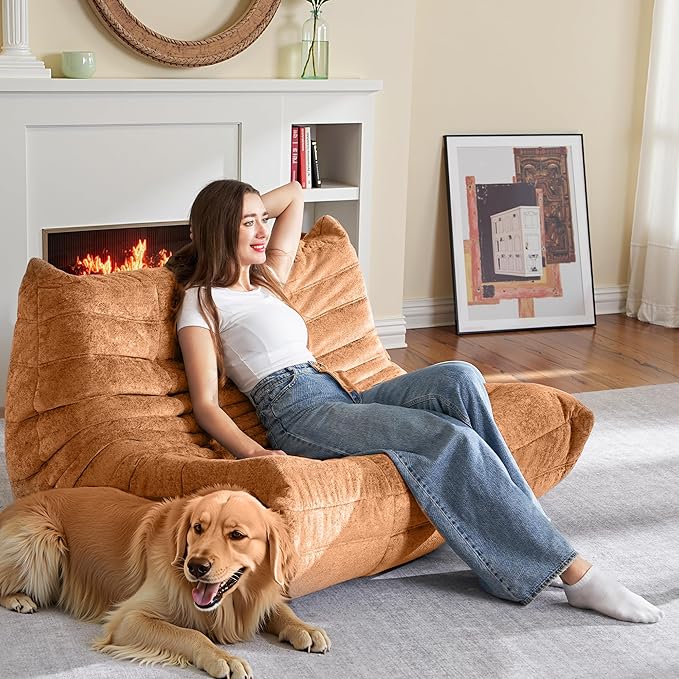 HABUTWAY Bean Bag Chair, Giant Bean Bag Chairs for Adults, Loveseat Fireside Chair, 2 Seater Lazy Bean Bag Sofa Memory Foam Couch for Living Room, Bedroom, Office (Brown)