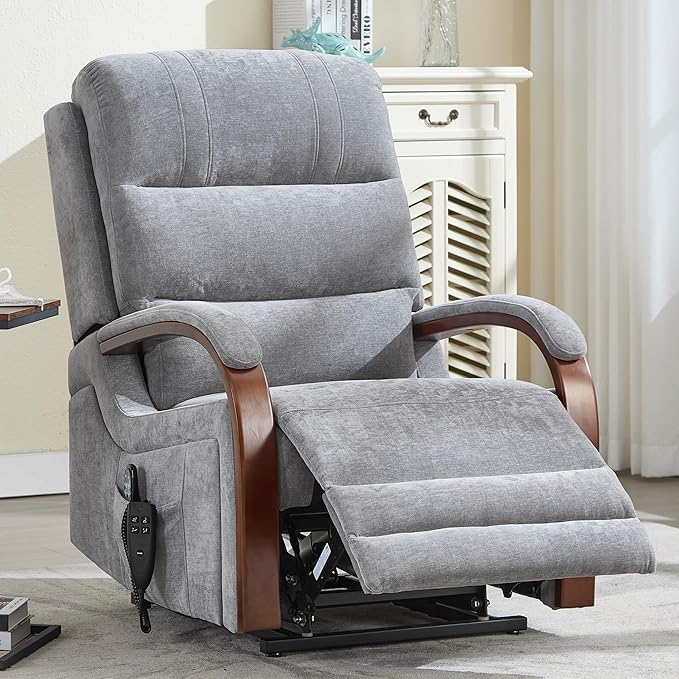 Dual Motor Power Lift Recliner Chair, Lift Chair with Massage and Heat for Elderly, Lay Flat Recliner, Standing Assistance, Infinite Position Reclining, Living Room Chair, Chenille, Grey