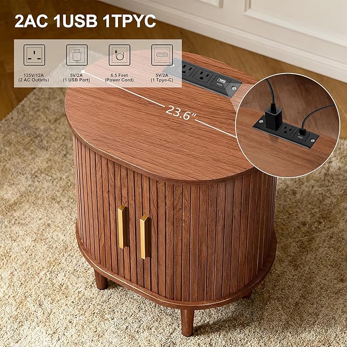 DHH Mid Century Modern Nightstand with Charging Station, Fluted Accent Side Table with Sliding Door & Adjustable Shelf, End Table for Small Space, Living Room, Bedroom,Sofa Couch (1, Walnut)