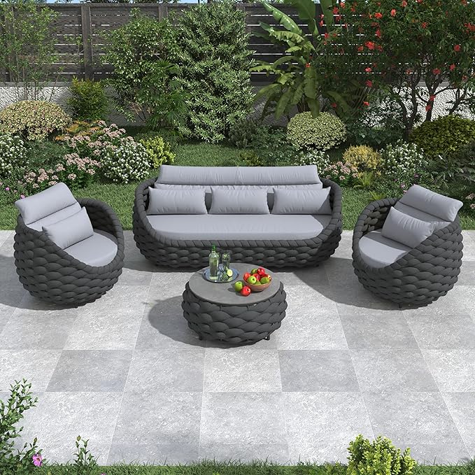 Erotr Modern Outdoor Living Room Furniture Set: 4-Piece Alumunim Assembled Woven Rope Accent Patio Conversation Set, All-Weather Lounge Sofa Set for Porch Backyard Garden Deck Poolside Hotel