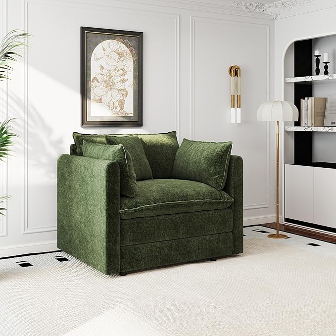 Aoowow Single Deep Seat Sofa Comfy Chenille Couch,Modern Upholstered Accent Armchair with Pillow for Living Room Bedroom Apartment(Green)