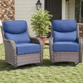 Rilyson Outdoor Swivel Rocker Chairs - All Weather Resistant Wicker Patio Furniture Set of 2 with High Back and 6 inch Thick Cushions for Deck Porch Yard and Poolside, Brown/Blue