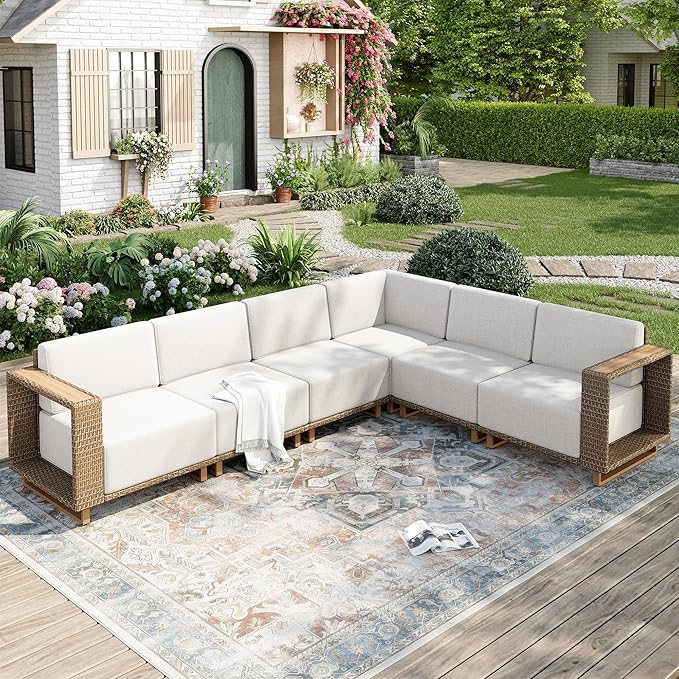 MIXPATIO Outdoor Patio Furniture Set, 6 Piece Sectional Rattan Wicker Sofa Couch, Outdoor Conversation Sets with 10" Extra Thick Cushions for Deck Backyard Lawn