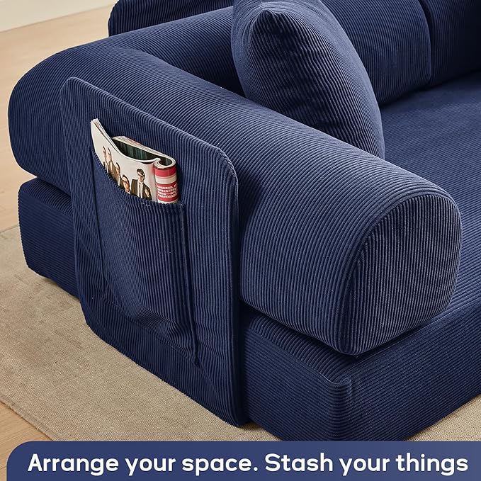 L Shaped Convertible Modular Boneless Sofa Bed with Cylindrical Pillow, Corduroy Folding Floor Sofa Couch Bed with Fixed-Shape Frame & Storage Pocket for Living Room, Blue