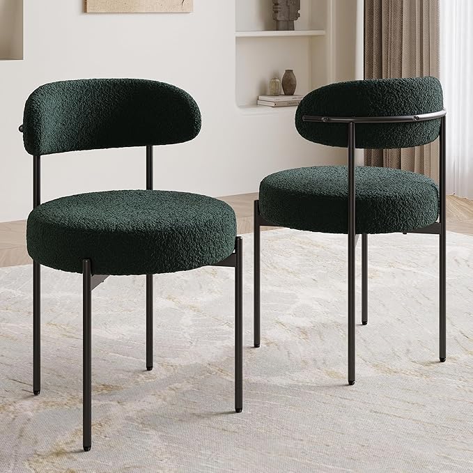 Farini Dining Chairs Set of 4,Mid-Century Modern Kitchen Chair Curved Backrest Round Upholstered Sherpa Dining Chairs with Metal Legs,Green