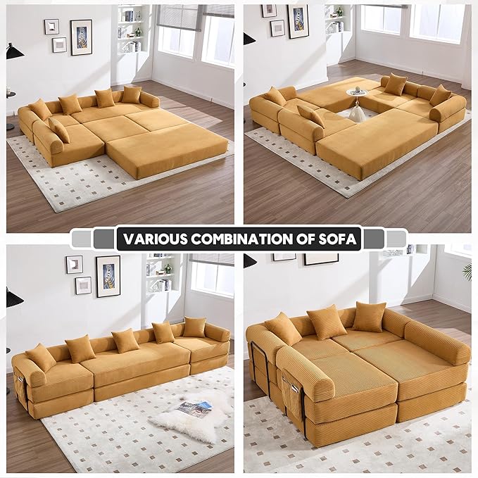 L Shape Convertible Sofa Bed with Cylindrical Pillow and Storage Pocket, Convertible Sofa Couch Bed with Support Frame for Living Room Bedroom Children Room-Yellow