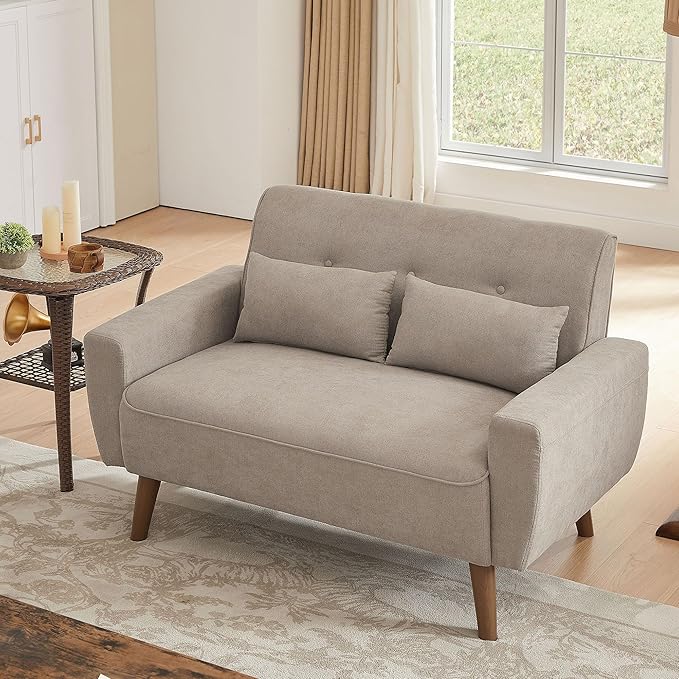 48" Loveseat Sofa, Mid Century Modern Small Couches for Living Room Bedroom Apartment, 2 Seater Love Seat, 2 Throw Pillows and Plastic Legs, Beige