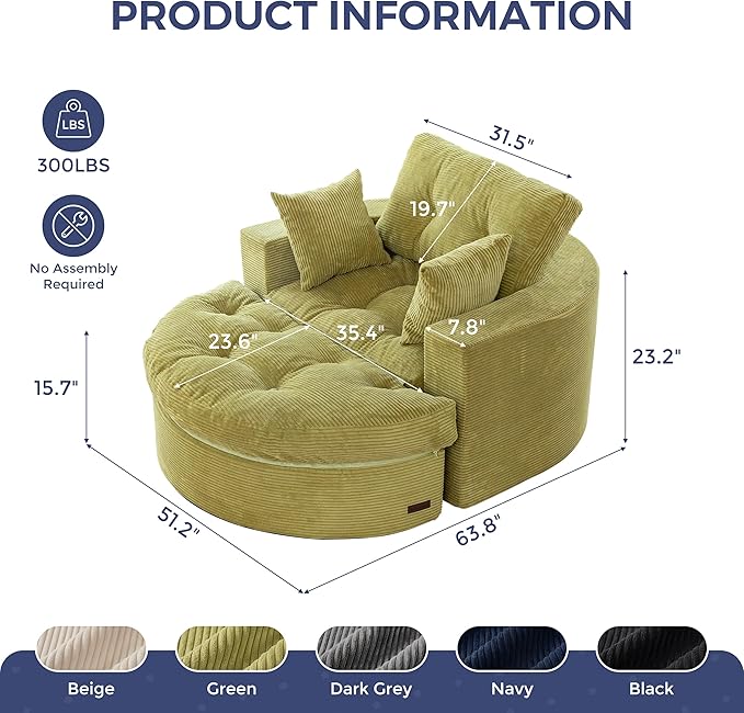 MAXYOYO Modular Sectional Chaise Lounge Sofa, Round Upholstered Lounge Chair with Ottoman, Comfy Couch with Layered Cushion, Tufted Sleeper Chair for Living Room, No Assembly, Green