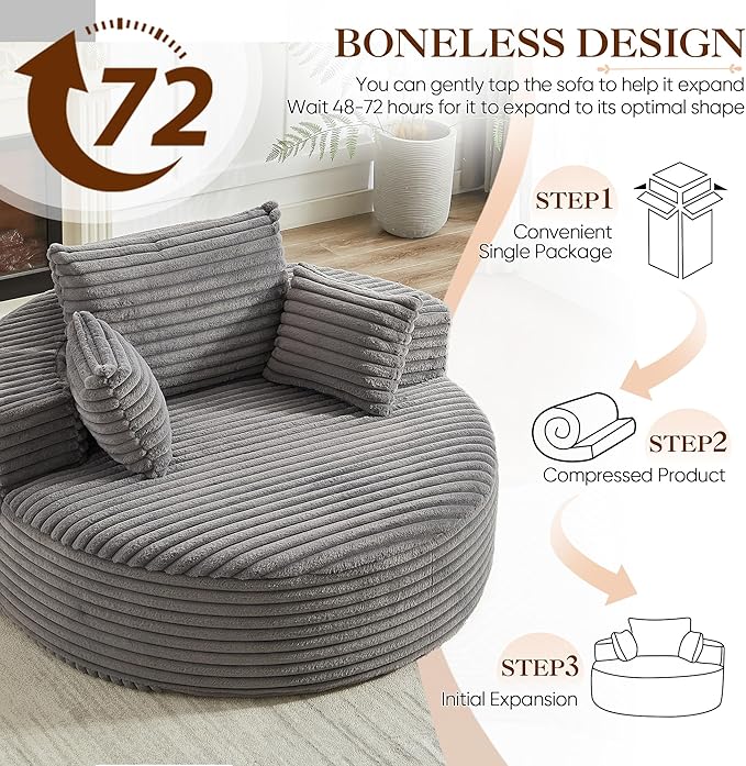 Oversized Round Chaise Longue Chair Indoor, Modern 55-inch Upholstered Corduroy Deep Seat Circle Single Cloud Lounge Floor Sofa Chair for Living Room, Bedroom Apartment, Grey