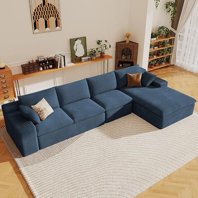 136" Cloud Sectional Couch with L-Shape Chaise, Modern Corduroy Viral Boneless Sofa for Living Room,Memory Foam Couches in a Box with Deep Seat,No Assembly Required (Blue,Right-Facing Chaise)