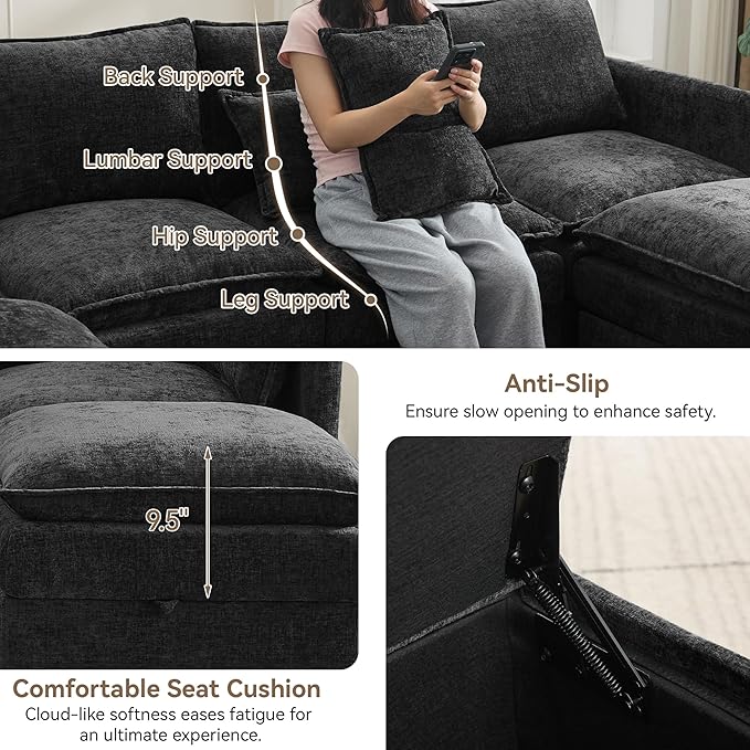 55" Cloud Modular Loveseat Sofa with Storage, Modern Upholstered Sofa Couch Small Love Seat，2 Seater Chenille Comfy Sectional Sofa with Armrests for Living Room, Small Space, Black