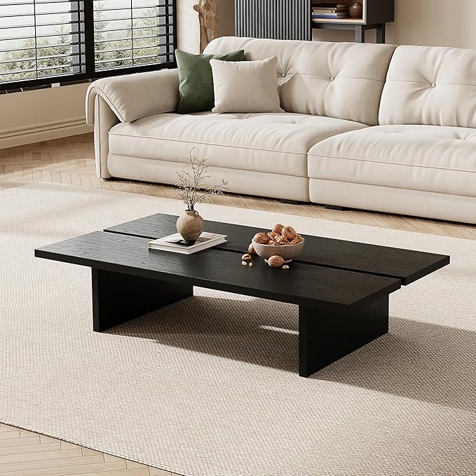 FHKJ 47.2" Modern Coffee Table for Living Room, Black Coffee Table Wood Living Room Table Rectangular Center Table Tea Table for Home Office