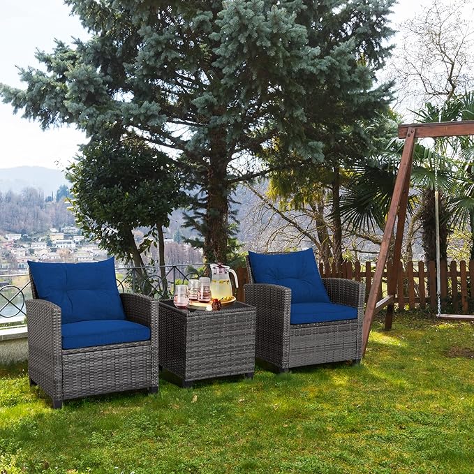 RELAX4LIFE Wicker Patio Furniture Sets - 3 Pieces Patio Rattan Sofa Set, Outdoor Conversation Set with Tempered Glass Tabletop, Heavy-Duty Steel Frame, Wicker Chair Set for Poolside, Backyard, Navy