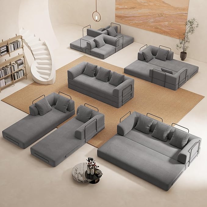Cloud Boneless Convertible Sleeper Sofa Bed for Living Room 89" 4-in-1 Foldable Compressed Lounge 3 Seater Floor Couches High-Density Sponge & Corduroy Fabric Multi-Form Pull Out Futon Daybed(Gray)