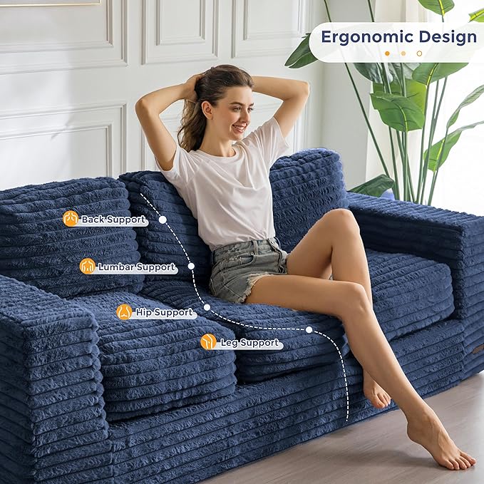 MAXYOYO 3-Seater Boneless Sofa Couch, Modern Faux Fur Sofa for Living Room, Soft Bean Bag Chair High-Density Foam Couch with Pillows, No Assembly Required