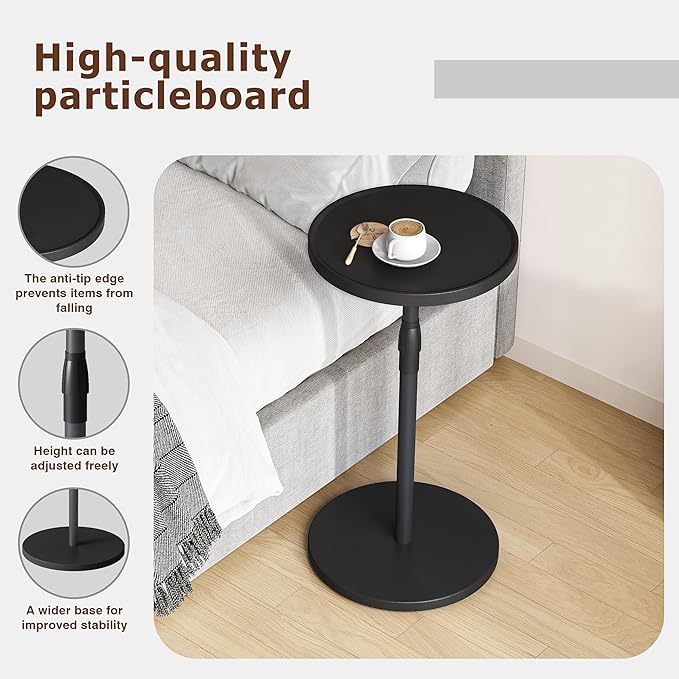 IRCPEN Adjustable End Table, Small Round Side Table, Drink Table for Small Spaces, Pedestal Nightstand for Living Room, Bedroom, Sofa Couch, Black Wood Grain ET-010BW