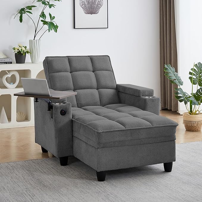 41.7" Oversized Chaise Lounge Chair Indoor, Boucle Upholstered Sofa Bed with Adjustable Backrest, Deep Seat Reading Chair, Sofas Couches for Living Room, Storage, Cup Holders & 360° Swivel Side Table