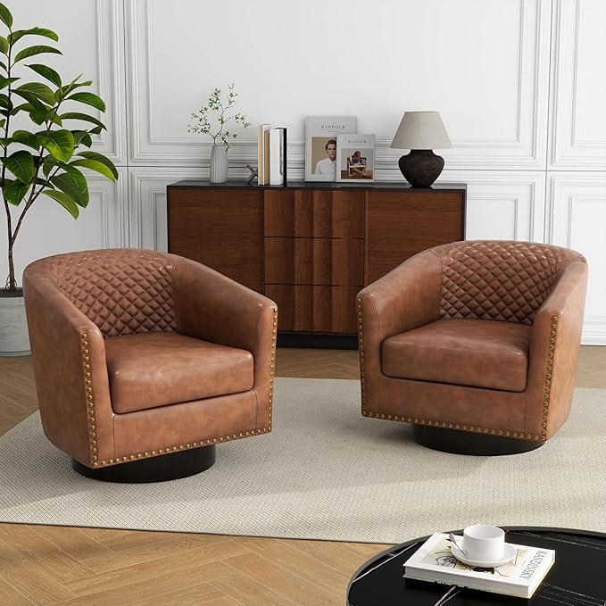 DREAMSIDEA Swivel Barrel Accent Chair, Comfy Modern Upholstered Round Faux Leather Arm Chair for Living Room, Bedroom（Brown, Set of 4