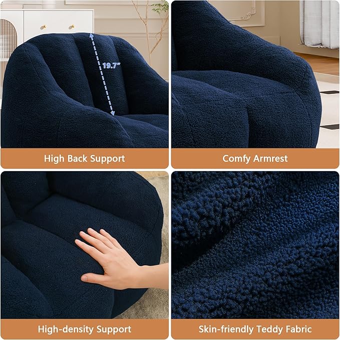 Setawix Bean Bag Chair with Filler, Comfy Teddy Bean Bag Chairs for Adults and Kids, Cozy BeanBag Sofa Fully Floor Couch with Memory Foam for Living Room Bedroom,Dark Blue