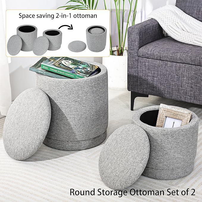 Homebeez Round Storage Ottoman Set of 2, Linen Cotton Fabric Stool with Removable Lid, Multifunctional Foot Rest Pouf for Living Room, Bedroom, Dorm, Supports 300 lbs, Gray
