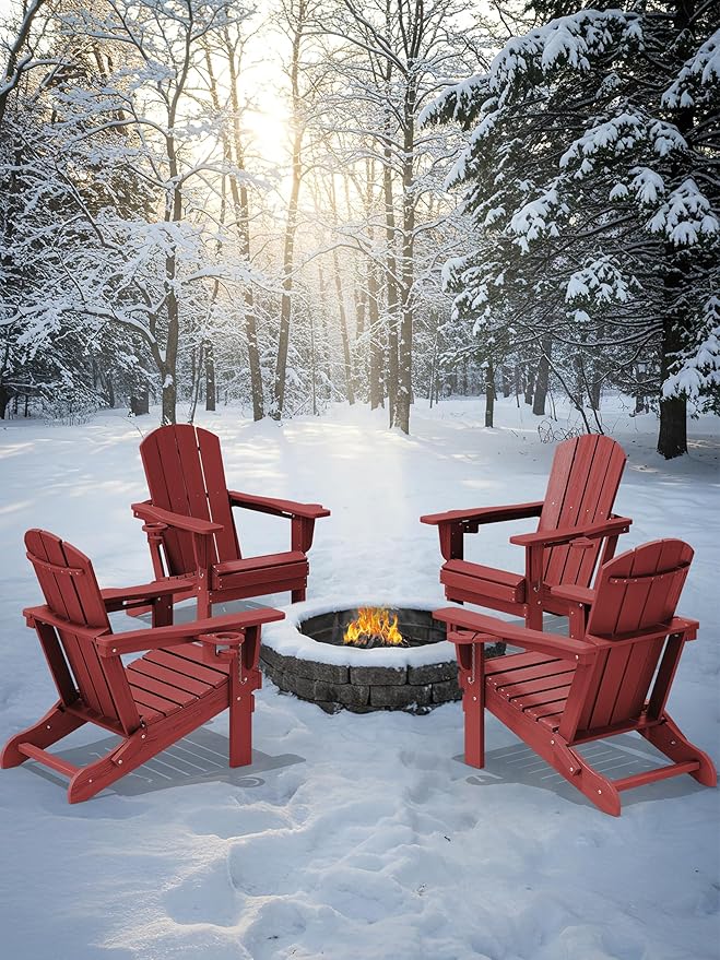 KINGYES Folding Adirondack Chair Set of 2, Dual Cup Holders & All-Weather HDPE, Wood-Like Patio Chair for Backyard, Camping, Pool & Fire Pit, Dark Red