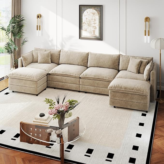 Aoowow Modular Sectional Sofa Modern Convertible U Shaped Couch,147.2 Inch Deep 4-Seater Sofas Set Comfy Chenille Cloud Sofas and Couches with Movable Ottoman for Living Room Apartment（Camel）