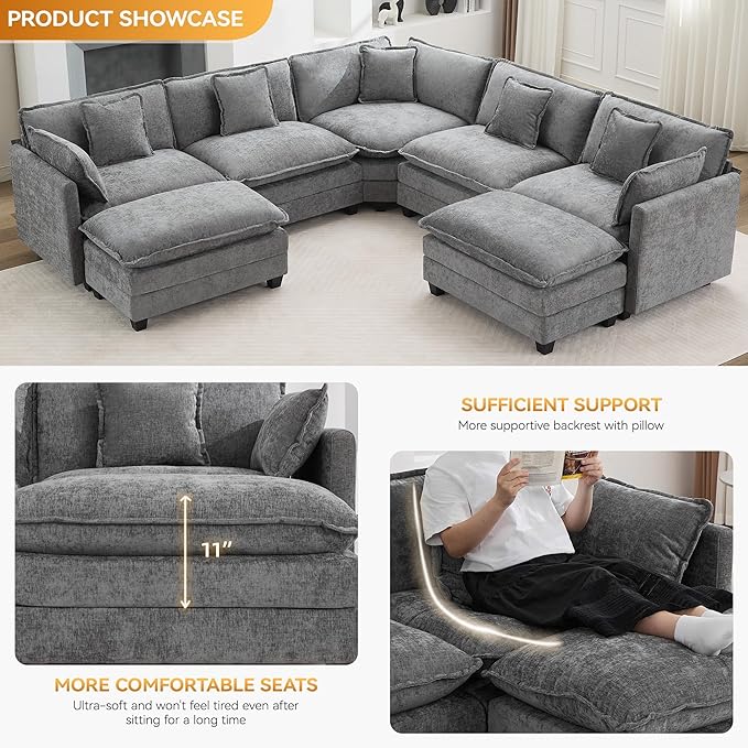 113'' V Shaped Cloud Sectional Sofa, Oversized Deep Seat Couches for Living Room, Chenille Comfy Upholstered Modular Sectional Sofa Couch with 2 Movable Ottoman, Grey