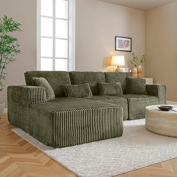 108" Boneless Cloud Sectional Couches for Living Room, Comfy Fluffy L Shaped Memory Foam Deep Seat Boneless Couch, Modular Sectional Sofa with Left Facing Chaise, Olive Green