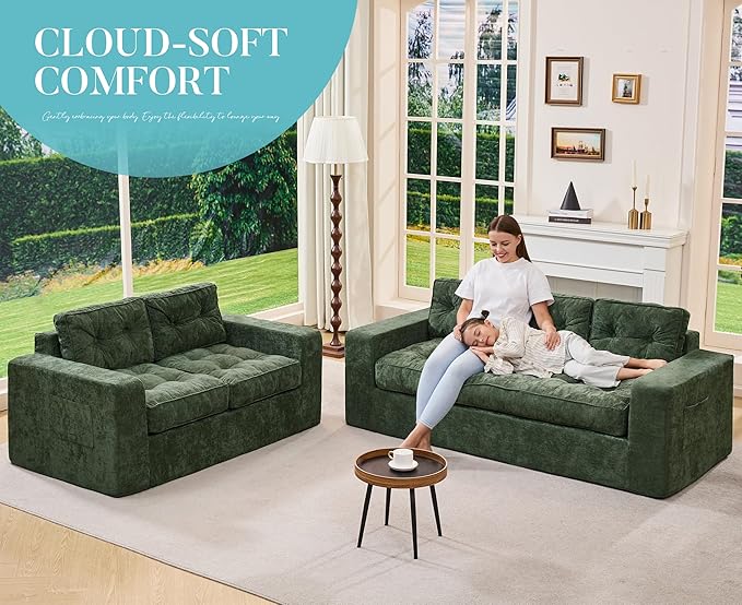 Hobestluk 3-Seater Sofa Boneless Couch with Tufted Button Design 2 in 1 Comfy Cloud Couch Oversized Sofa for Living Room Bedroom Apartment or Office (Green, 3 Seater)
