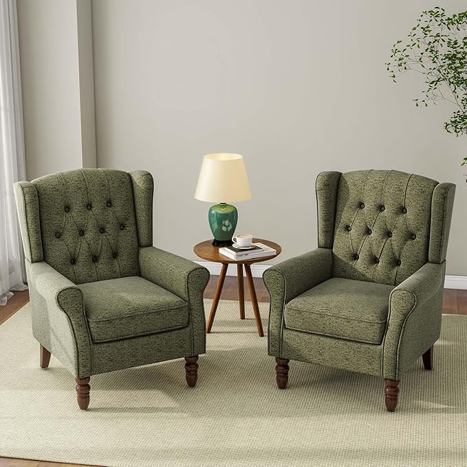 DREAMSIDEA Accent Chair, Upholstered Armchair with Button Tufted High Back & Solid Wood Legs, Comfy Wingback Reading Single Sofa Chair for Small Spaces, Living Room, Bedroom-Green, Set of 1